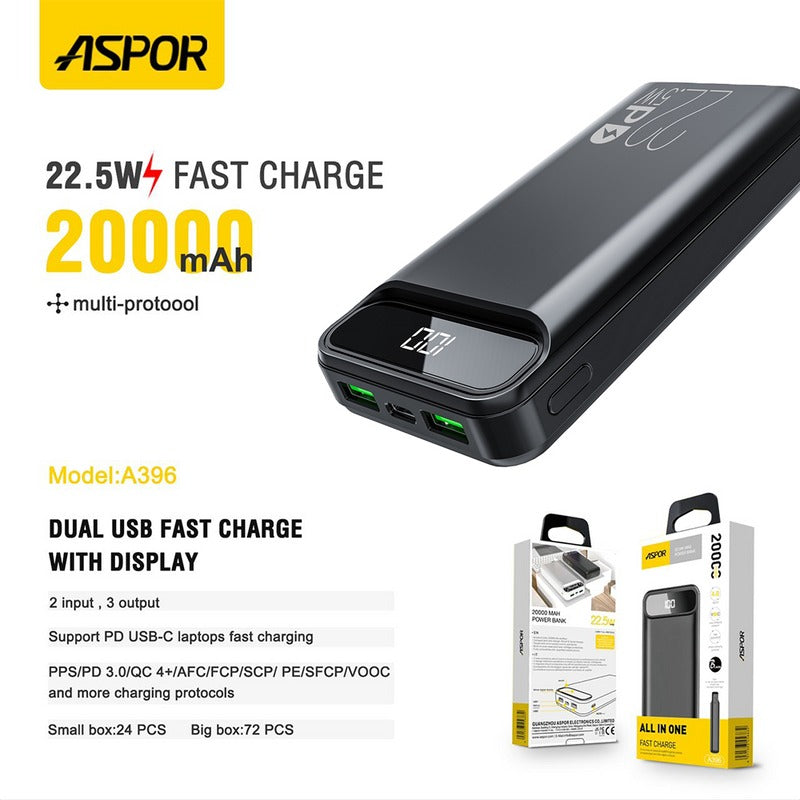 Aspor A316/ A396 20000mAh 22.5W Avec 3 câbles